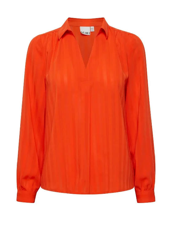 Ichi V-Neckline Striped Blouse, Orange Elegant Embroidery Blouse