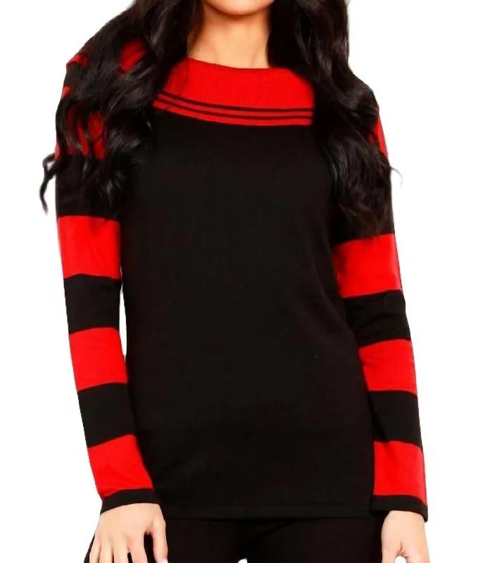 Stripe Cowl Neck Sweater In Black/red Solid Print Embellished