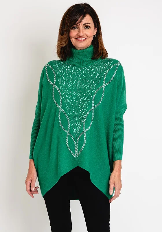 Serafina Collection Rhinestone Embellished Knit Sweater, Green Elegant Classic Vintage