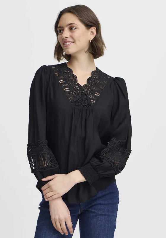 Fransa Blondie Crochet Panel V Neck Blouse, Black Cotton Casual Blouse