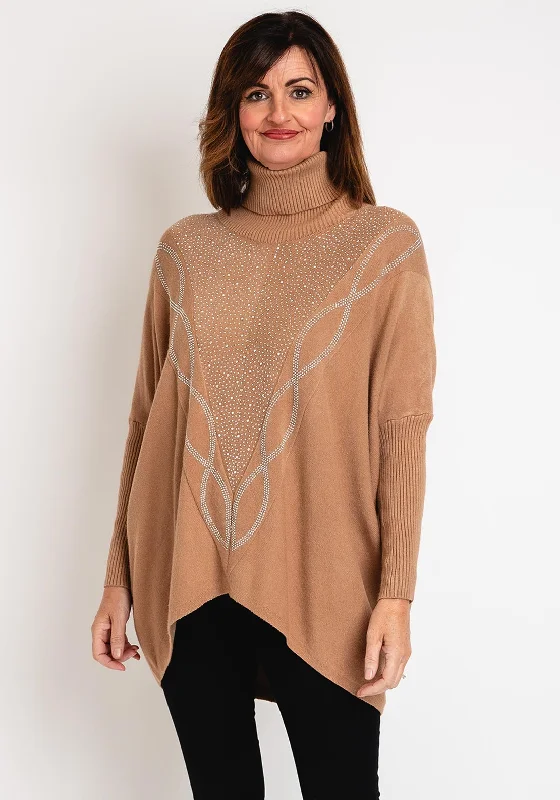 Serafina Collection Rhinestone Embellished Knit Sweater, Camel Houndstooth Herringbone Solid