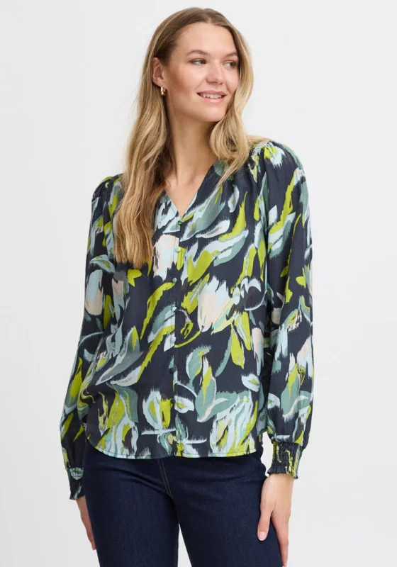 Fransa Leaf Print Blouse, Navy Multi Flowy Bohemian Blouse