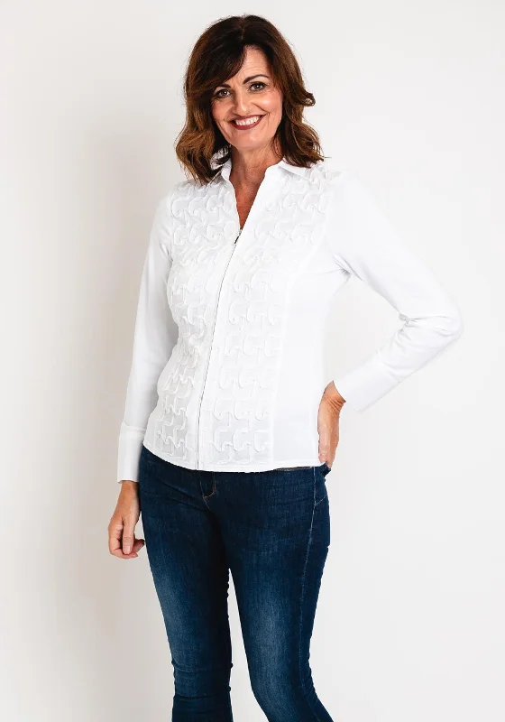 Just White Jacquard Zip Up Blouse, White Playful Puff Blouse