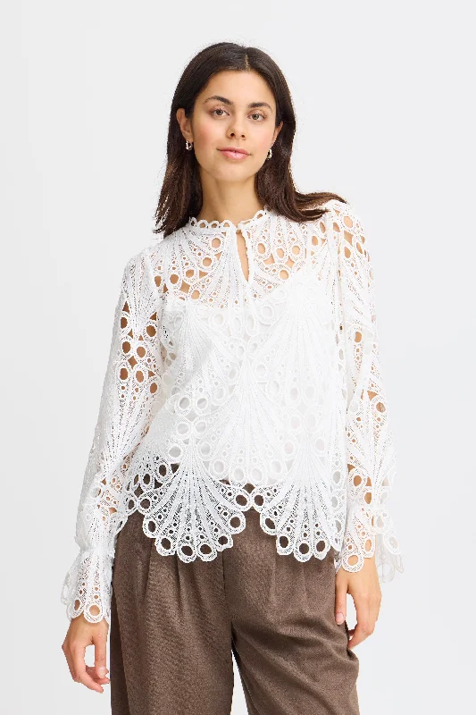 Fransa Belle Crochet Detail Blouse, White Asymmetric Hem Blouse