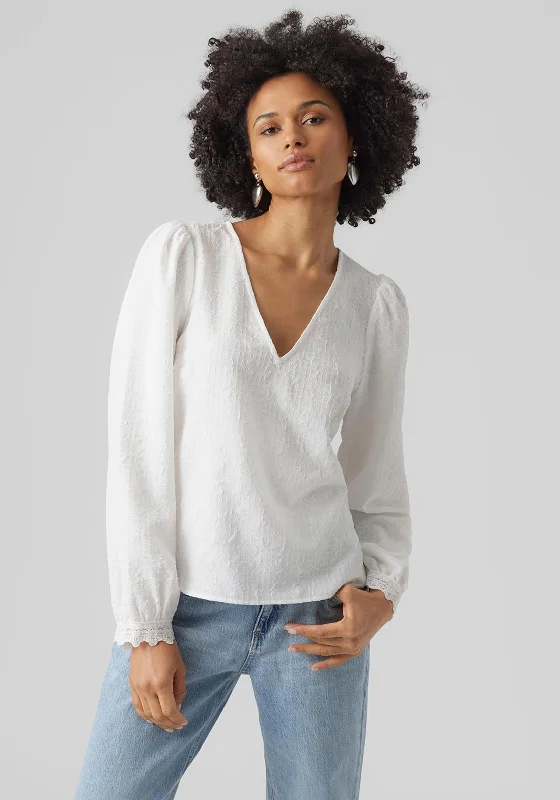 Vero Moda Mali V-Neck Textured Blouse, Snow White Chic Square Blouse