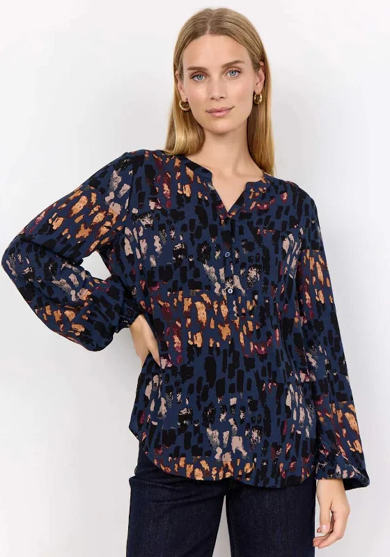 Soyaconcept Ima Leopard Half Button Blouse, Navy Office Formal Blouse