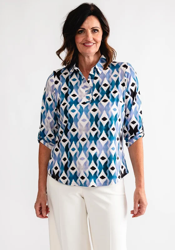 Leon Collection Diamond Print Blouse, Blue Multi Elegant Office Blouse