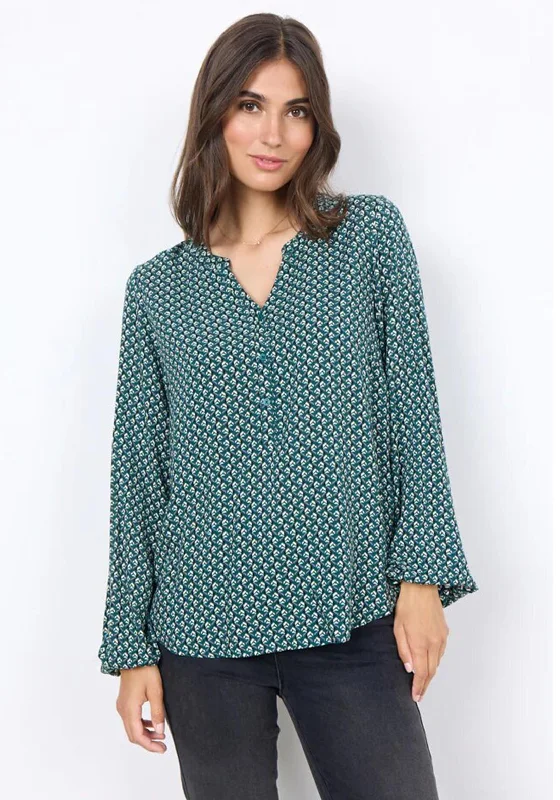 Soyaconcept Talita Split Neck Geo Print Blouse, Dark Green Drape Neck Blouse