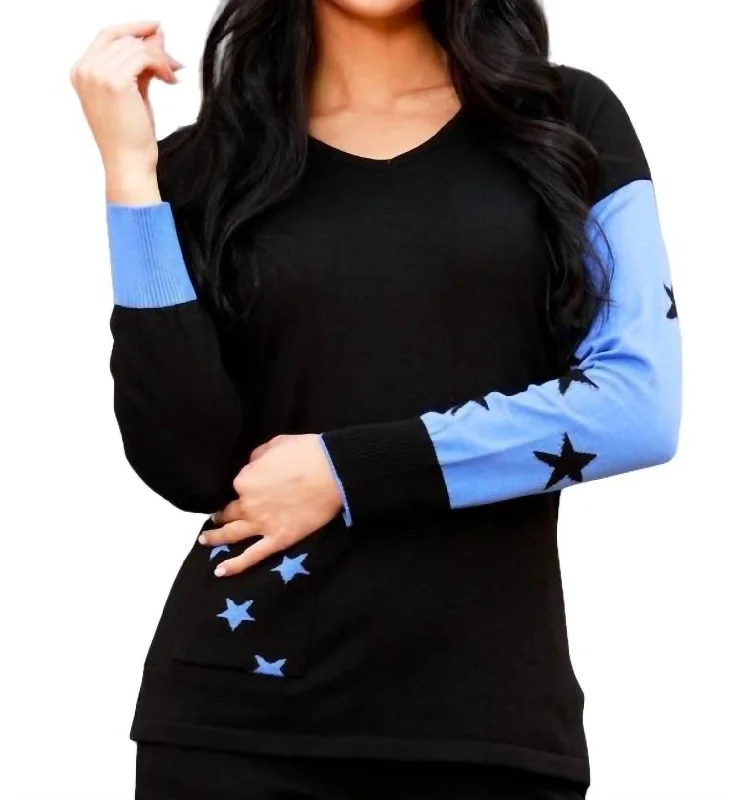 V-Neck Sweater With Stars In Black/periwinkle Mesh Sweater Canvas Denim