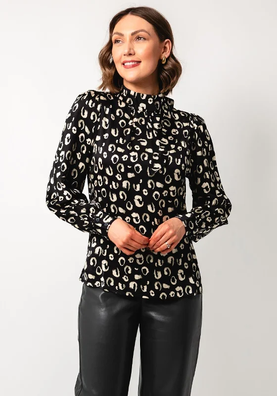 Esqualo Leopard Bow High Neck Blouse, Black Double Button Blouse