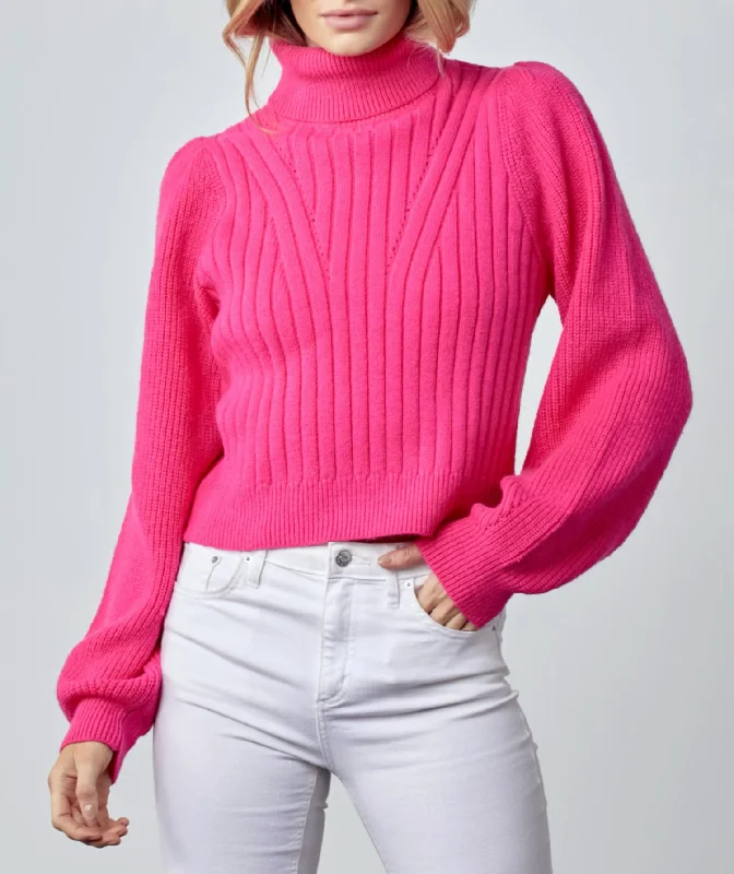 Ribbed Turtleneck Sweater In Hot Pink Satin Fabric Silk Fabric Chiffon Fabric