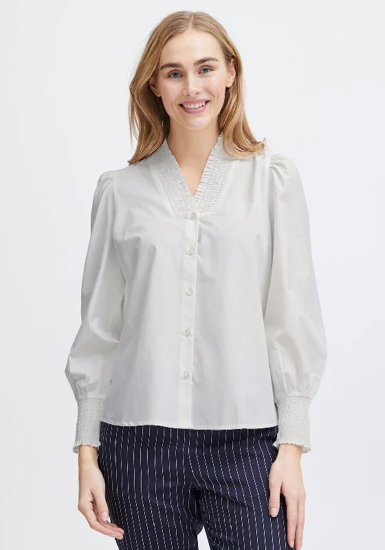 Fransa Pops Shirred V-Neckline Blouse, Blanc De Blanc Embroidered Cotton Blouse