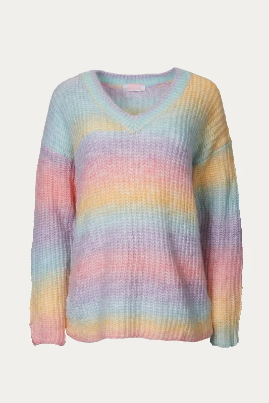 V-Neck Rainbow Sweater In Blush Velvet Chenille Corduroy