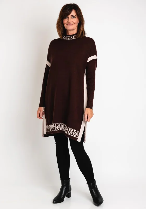 Serafina Collection Greek Print Mini Jumper Dress, Coffee & Beige Plaid Sweater Polka Dot Checkered