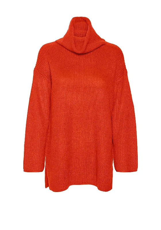 Vero Moda Sayla Oversized Roll Neck Jumper, Tangerine Tango Transparent Opaque Sheer