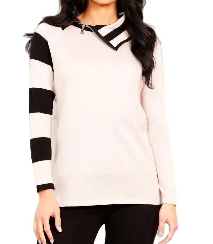 Striped Zip Neck Sweater In Stone/black Thin Thick Dense