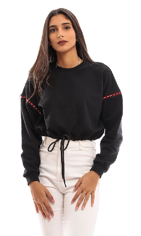 96251 Loose Fit Cropped Cotton Sweatshirt - Black Hoodie with Hem Patch Decorative Personalized