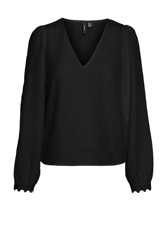 Vero Moda Mali V-Neck Textured Blouse, Black Embellished Collar Blouse