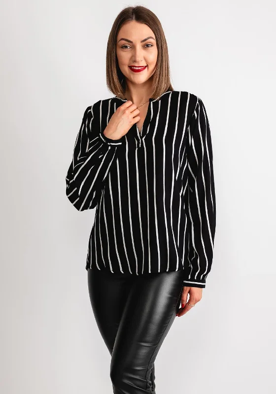 Kaffe Beathe Striped Print V Neck Blouse, Black Playful Puff Blouse