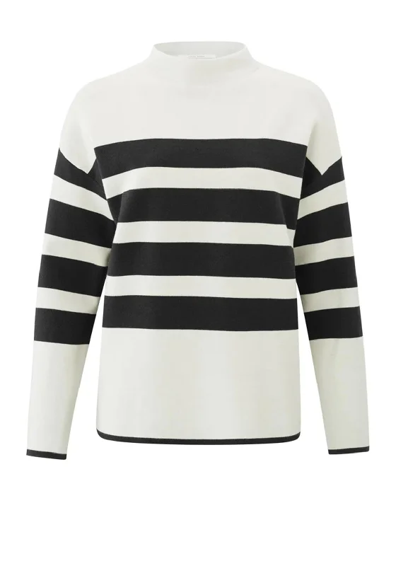 YAYA High Neck Striped Sweater, Black Lace Blend Ribbed Blend Corduroy Blend