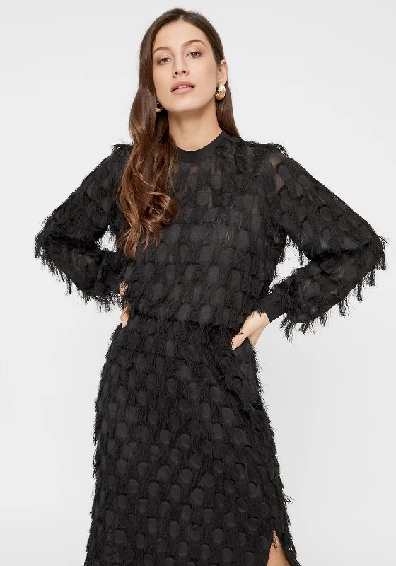 Y.A.S Dio Geometric Fringe Blouse, Black Soft Satin Blouse