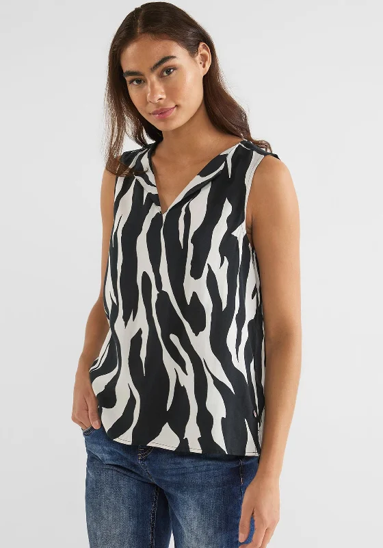 Street One Sleeveless Hinged Collar Blouse, Zebra Black Silky Draped Blouse