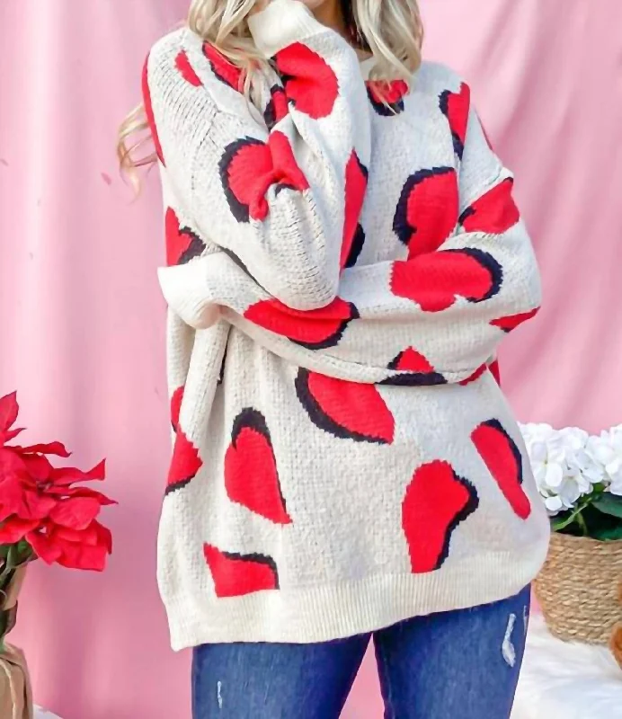 Heart Pattern Knit Sweater Top In Red Spandex Blend Rayon Blend Denim Blend