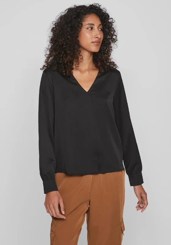 Vila Ellette V-Neck Satin Blouse, Black Pleated Collar Blouse