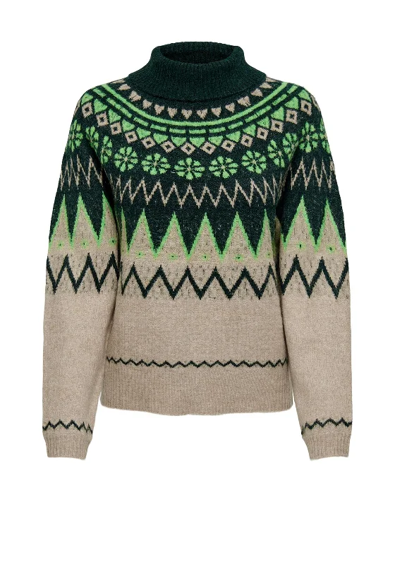 JDY Freya Fair Isle Knitted Sweater, Grass Green High Neck Crew Neck V-Neck