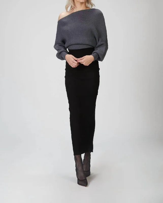 Leon Off-Shoulder Sweater In Charcoal Grey Velvet Chenille Corduroy