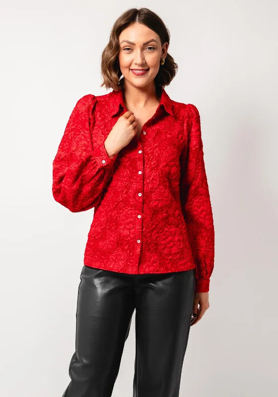 Esqualo Jacquard Floral Fitted Blouse, Red Collared Satin Blouse