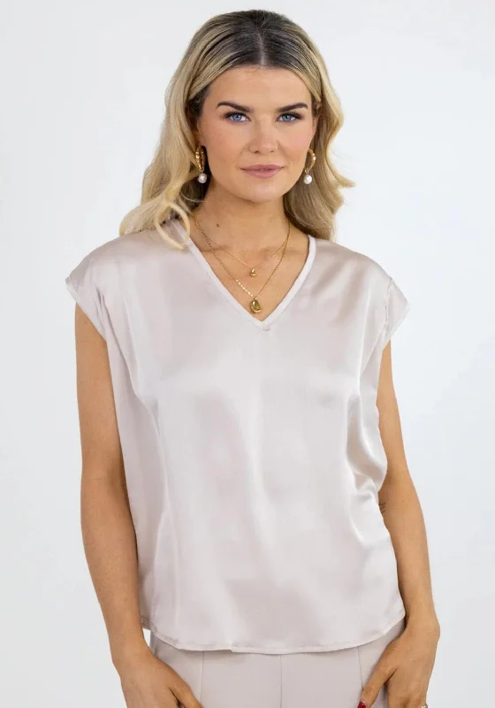 Kate & Pippa Alexa V- Neck Satin Feel Blouse, Beige Soft Pastel Blouse