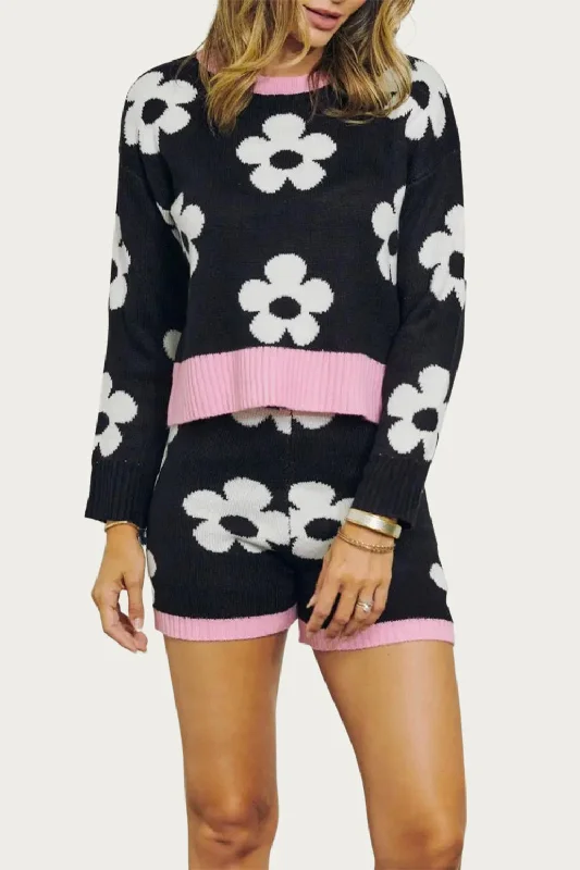 Retro Floral Knit Crewneck Cropped Sweater In Black/white/pink Long Sweater Short Sweater Cropped Sweater