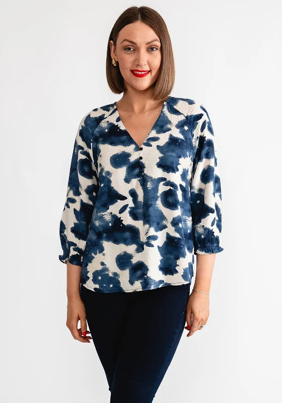 Freequent Julie Blur Print V Neck Blouse, Blue Sheer Mesh Blouse