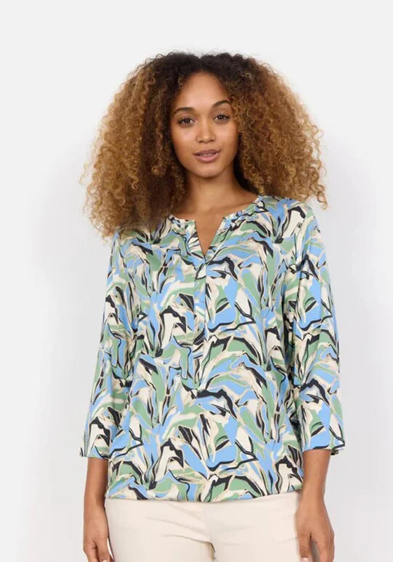 Soyaconcept Marica Split Neck Print Blouse, Blue Soft Knit Blouse