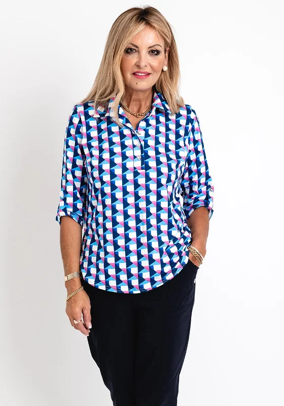 Leon Collection Collared Half Button Blouse, Navy Multi Ruffled Neck Blouse