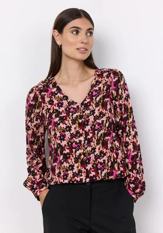 Soyaconcept Talena Elasticated Hemline Floral Blouse, Bordeaux Playful Puff Blouse