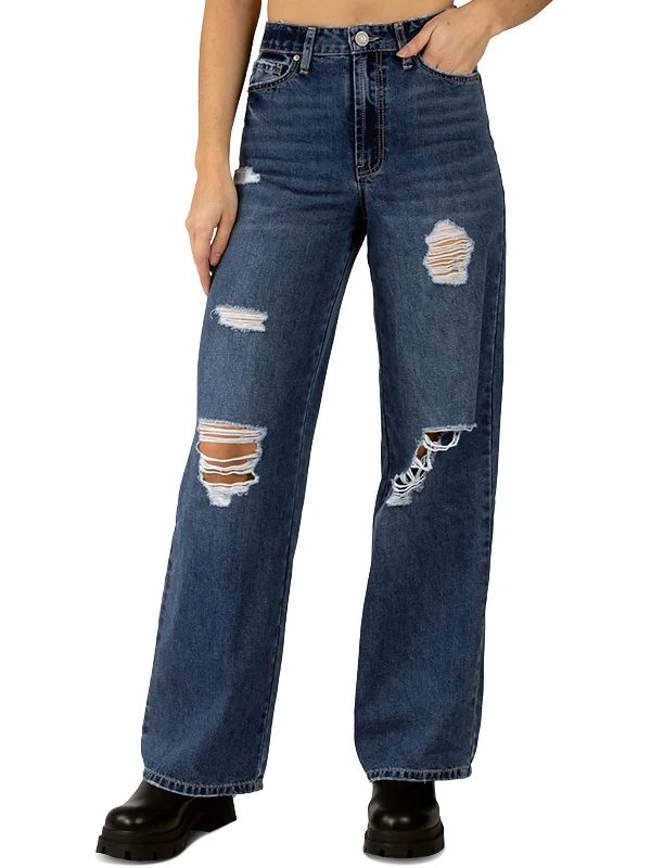 Juniors Womens High Rise Distressed Straight Leg Jeans Fashionable Button-Front Jeans