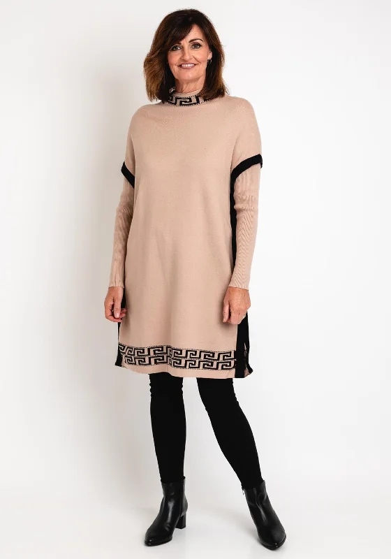 Serafina Collection Greek Print Mini Jumper Dress, Camel & Black Stretchy Elastic Breathable