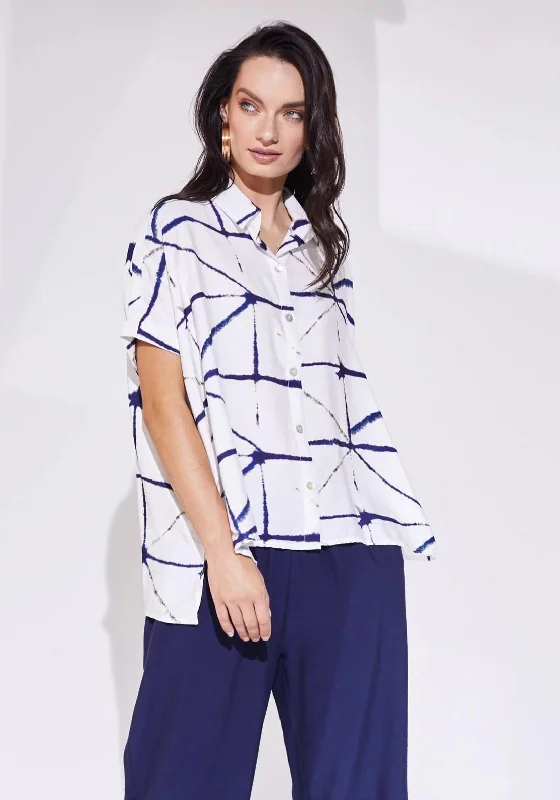 Naya Batwing Geo Blouse, White & Navy Chic Square Blouse