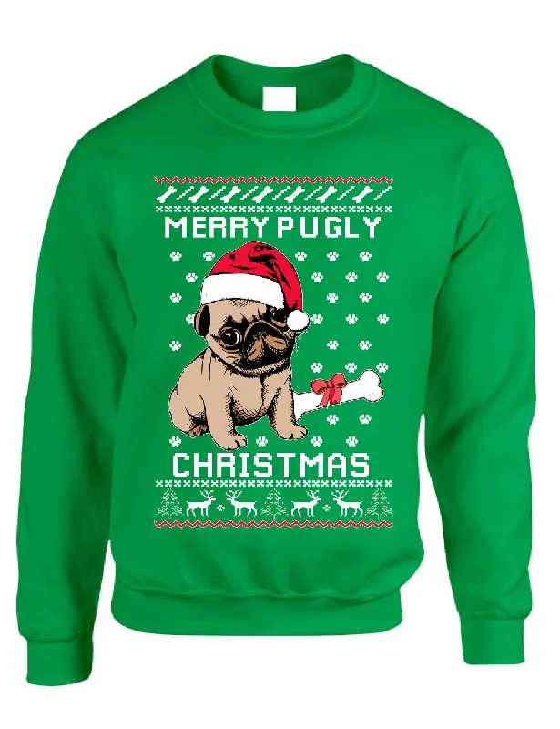 Ugly Xmas Sweatshirt Merry Pugly Christmas Xmas Adult Sweatshirt Hoodie with Tied Waist Feminine Flattering