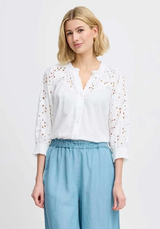 Fransa Angela Broderie Anglaise Blouse, White Relaxed Fit Blouse