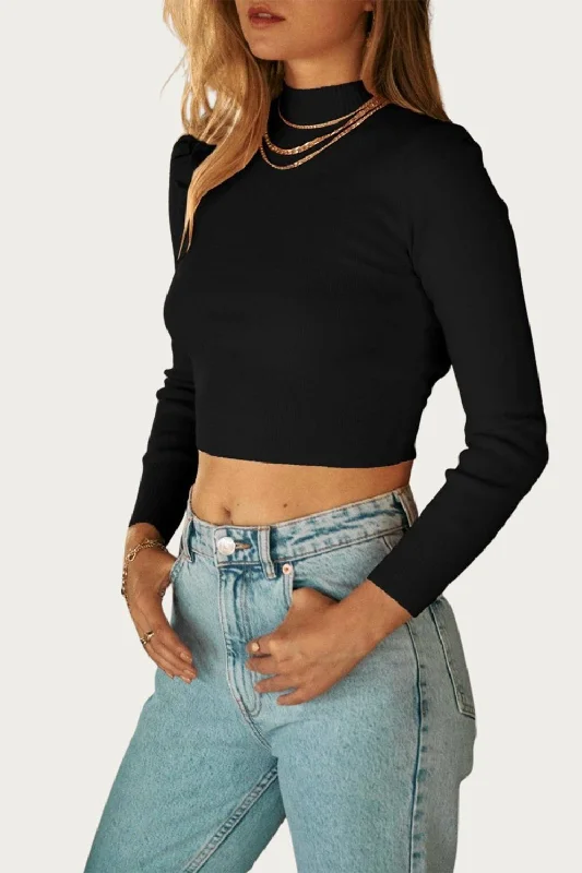 Cropped Open-Back Mock Neck Sweater In Black Cashmere Blend Cotton Blend Poly Blend