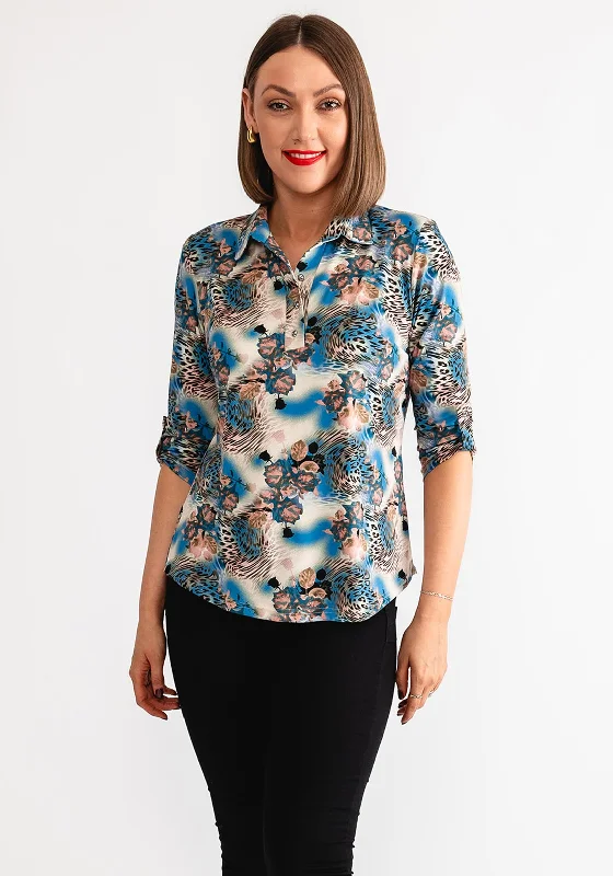 Leon Collection Floral Leopard Print Blouse, Blue Multi Elegant Silk Blouse