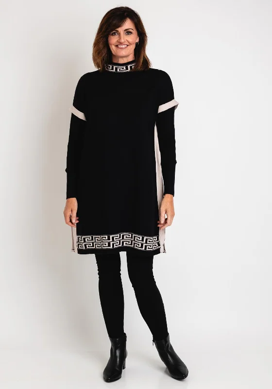 Serafina Collection Greek Print Mini Jumper Dress, Black & Beige Graphic Sweater Embroidered Appliqued