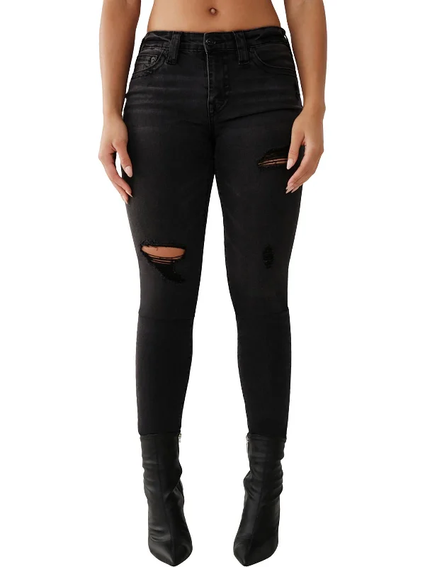 Womens Mid Rise Distressed Skinny Jeans Stylish High-Waist Jeans