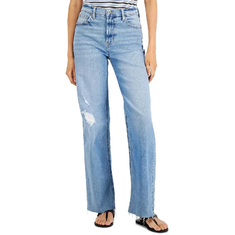 Juniors Womens High Rise Destroyed Wide Leg Jeans Casual Straight-Leg Jeans