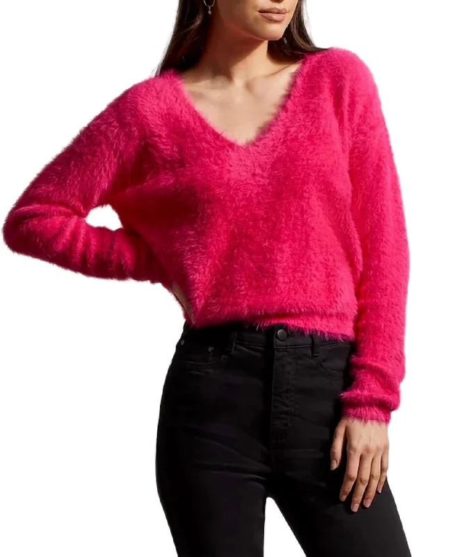 V-Neck Sweater In Fuchsia Pink Jersey Fabric Tulle Fabric Batik Fabric