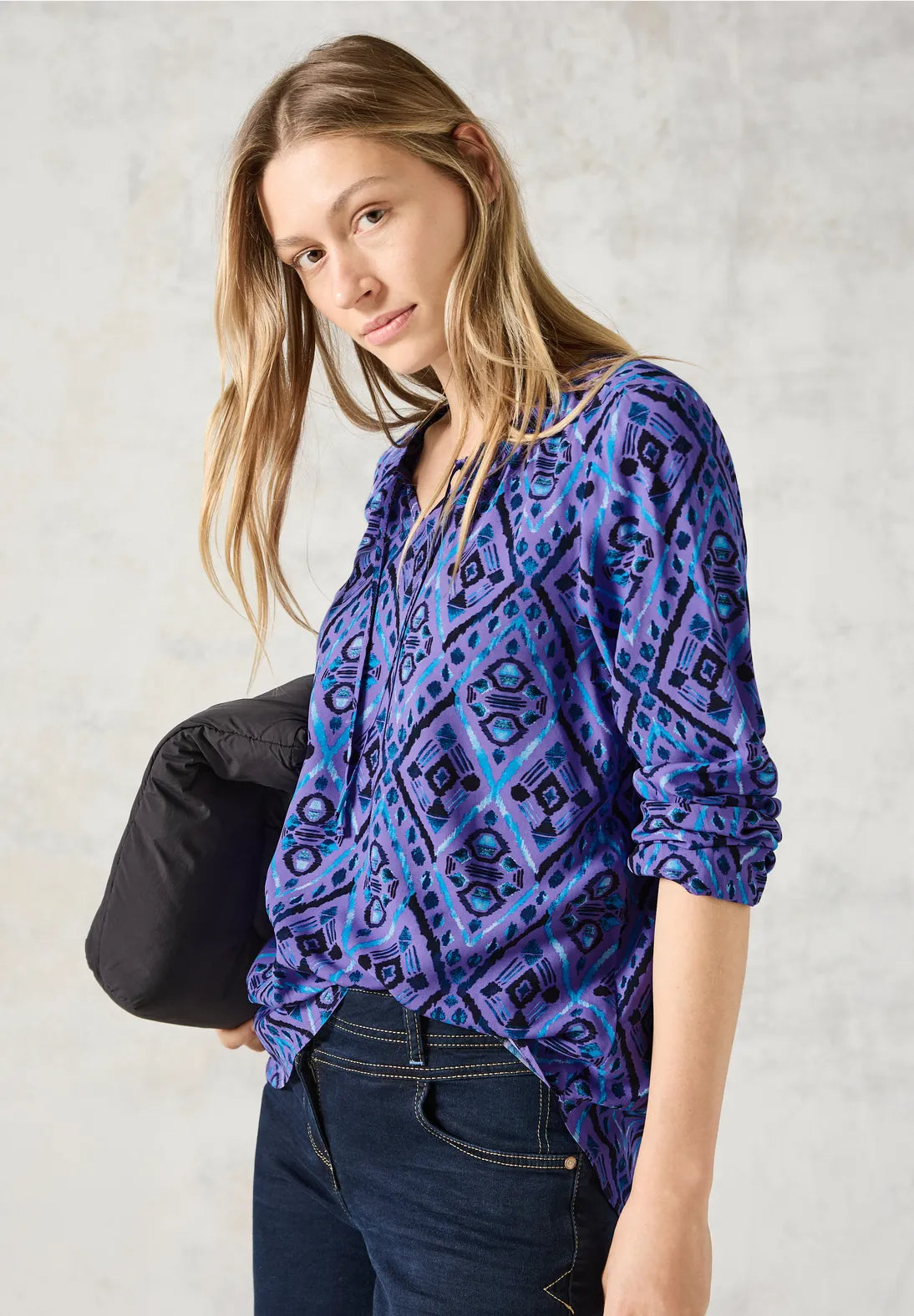 Cecil Aztec Print Drawstring Blouse, Purple Puff Sleeve Blouse