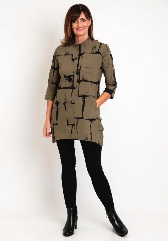 Ever Sassy Half Zip Print Blouse, Khaki Silky Tunic Blouse